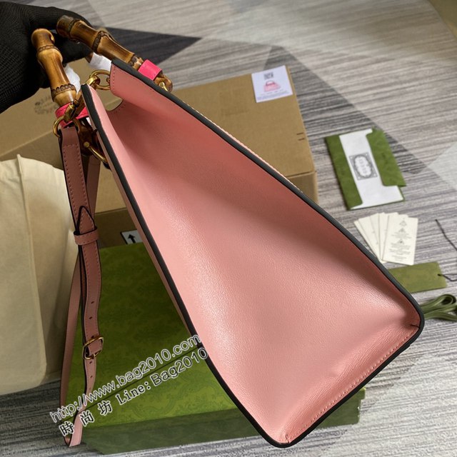 Gucci新款包包 古馳新款竹節手提包 霓虹色扣帶 Gucci粉色全皮大號托特包 655658  ydg3184
